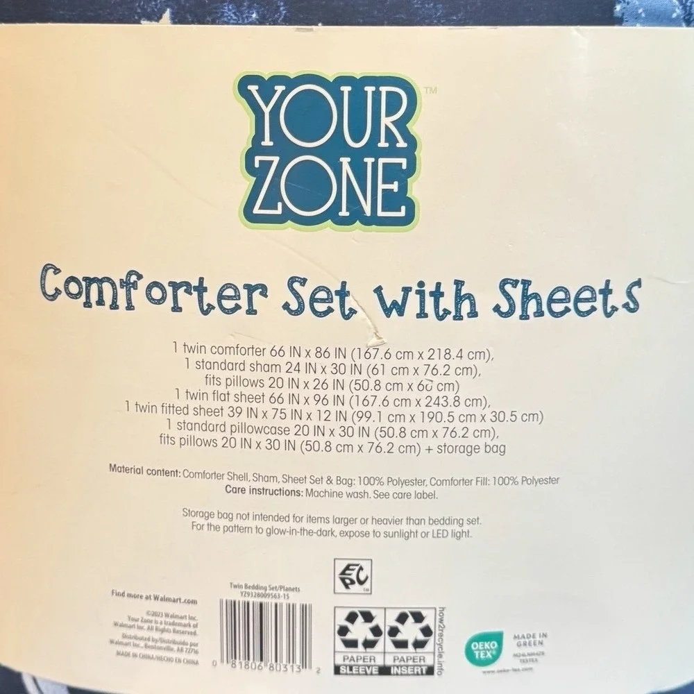 Your Zone Glow in the Dark Planets Space Twin Comforter Sheet Set 5pc + Bag NEW